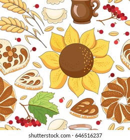 Food pattern. Cakes and flowers
