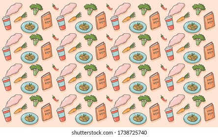 Food pattern with cooking book, coffee, pasta, carrot, broccoli and pepper.