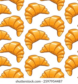 Food pattern design. Croissant background. Seamless pattern with croissant. Croissant pattern for fabric, wrapping paper, packaging, coffee and bakery shops. Hand Drawn illustration.