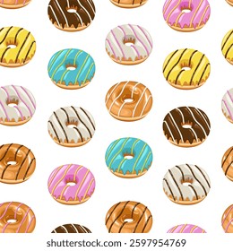Food pattern design . Donuts background. Seamless pattern with donuts.  Donut pattern for fabric, wrapping paper, packaging, coffee and bakery shops. Hand Drawn illustration.