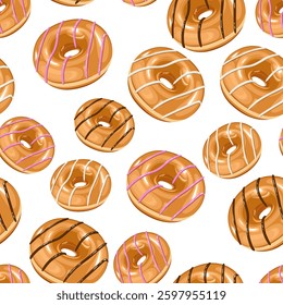 Food pattern design . Donuts background. Seamless pattern with donuts.  Donut pattern for fabric, wrapping paper, packaging, coffee and bakery shops. Hand Drawn illustration.