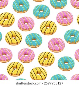 Food pattern design . Donuts background. Seamless pattern with donuts.  Donut pattern for fabric, wrapping paper, packaging, coffee and bakery shops. Hand Drawn illustration.