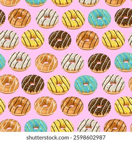 Food pattern design . Donuts background. Seamless pattern with donuts.  Donut pattern for fabric, wrapping paper, packaging, coffee and bakery shops. Hand Drawn illustration.
