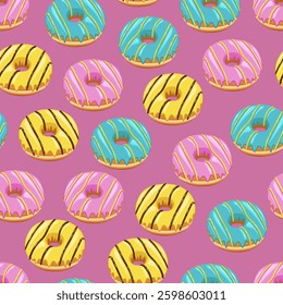 Food pattern design . Donuts background. Seamless pattern with donuts.  Donut pattern for fabric, wrapping paper, packaging, coffee and bakery shops. Hand Drawn illustration.
