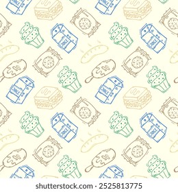 padrão de comida. padrão de comida de doodle. padrão contínuo de comida e bebida. plano de fundo padrão de comida desenhado à mão