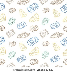 Patrón de alimentos. Patrón de alimentos Doodle. Patrón sin fisuras de alimentos y bebidas. Fondo de patrón de alimentos dibujado a mano