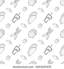 Patrón de alimentos. Patrón inconsútil de comida rápida. Doodle patrón inconsútil de alimentos y bebidas. Fondo de alimentos