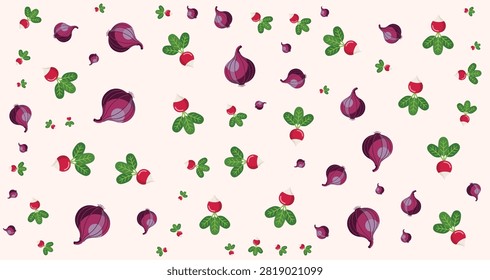 Food pattern featuring eggplants and green leaves in a playful repeated design suitable for culinary, recipe, and kitchen related projects