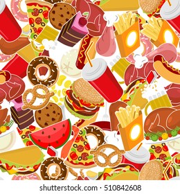 Food pattern. Feed ornament. meat background. Pizza and taco. French fries and hamburger. Hotdog and cookies. Baked turkey and watermelon. Pork and cake. Donuts and dumplings

