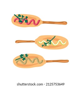 Food pattern with fried corndogs and greenery in flat style. Perfect for T-shirt, poster, logo, menu and print. Hand drawn vector illustration for decor and design.


