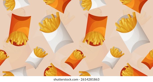 Food pattern. Pattern of fried french fries in a cardboard package. Pattern design with potatoes