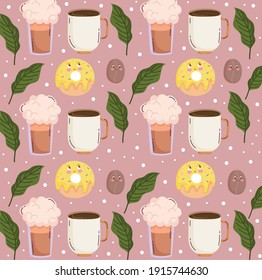 food pattern funny cartoon cute coffee cup orange smoothie and seeds vector illustration