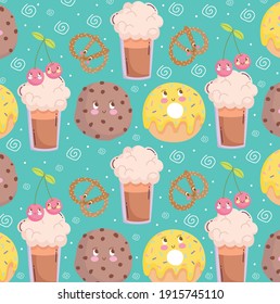 food pattern funny cartoon cute cookie smoothie donut and pretzel vector illustration