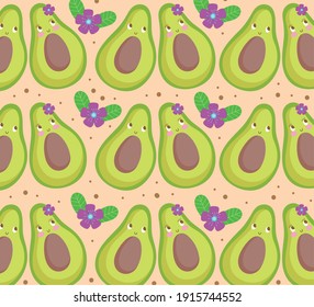 food pattern funny happy cartoon cute avocados with flowers vector illustration