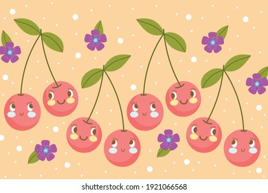 food pattern funny happy cartoon fruit cherries and flwoers vector illustration