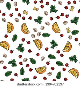 Food pattern herbs,basil, parsley, tomato, lemon, champignon on white background. Kitchen and food ingredient seamless pattern. Cooking food concept. Dieting and nutrition