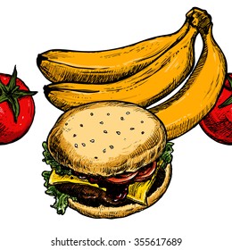Food pattern with highly detailed. Hand drawn illustration, tomatoes and bananas.