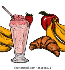 Food pattern with highly detailed. Hand drawn illustration with bananas,apples, milk shake and croissant.