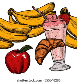 Food pattern with highly detailed. Hand drawn illustration with bananas,apples, milk shake and croissant.