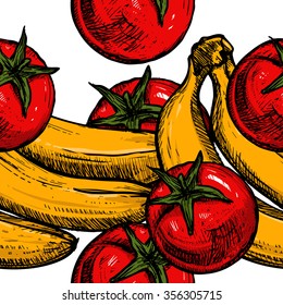 Food pattern with highly detailed. Hand drawn illustration with tomatoes and bananas.
