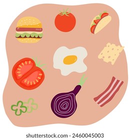 Food pattern include burger, onion, paprika sliced, tomato, egg, bacon, tacos, cheese perfect for backgrounds, packaging, textiles, Food and Beverage Designs