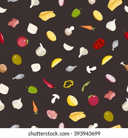 food pattern. Meat. garlic. tomato. cheese. avocado. meat. mushroom. chicken. fish. carrots. peppers. onion. lemon. icon food