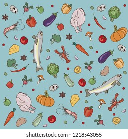 food pattern on a blue background