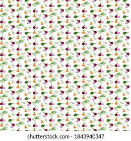 Food pattern - red, green, leek and onions. Vector illustration isolated on white background. For packaging, markets, fabrics, design.. 