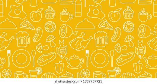 Food pattern with seamless hand drawn plate, fork, spoon, beer, noodle, egg, and meat on yellow background vector illustration
