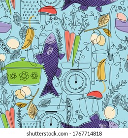 Lebensmittelmuster nahtlos handgezeichnet Design. Küchen- und Hausdekorationsserie.