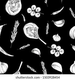 Food pattern seamless with rebeye steak, garlic, chilli, tomato cherry, rosemary. Vector stock. 
