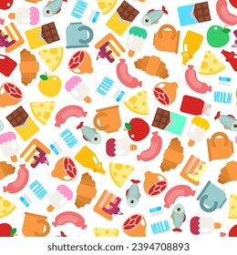 Food pattern seamless. food sign background. Symbol for mobile application. Ketchup and Apple, Croissant and Ice cream. Piece of cake and Chocolate. Cheese and coffee cup, Fish and Milk, Meat on bone