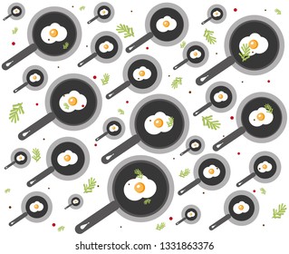 Food pattern with spices, Fried egg in a frying pan on white background. Ornament for textile and wrapping. Vector Illustration