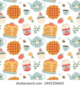 Food pattern. Tea drinking, breakfast. Teapot, pancakes, pie, muffin, jam, pie, raspberries in flat style.  Seamless pattern for textile, wrapping paper, background.	
