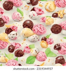 Food pattern vector graphics realistic background ice cream in cherries and chocolate chips
