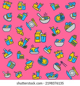 food pattern vector icon set, with yellow and blue colors and pink background, perfect for wall decoration, templates and more