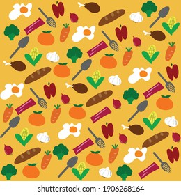 Food Pattern Vector, Illustration of Egg, Shiny Side Up, Carrot, Shallot, Garlic, Broccoli, Spoon, Fork, Bacon, Orange and Apple