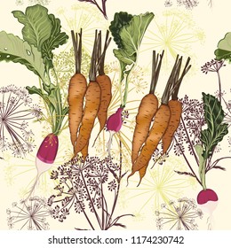 Food pattern vector vintage style with vegetables radish and carrot