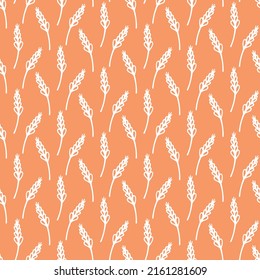 Food pattern with wheat ears. Spikelet print. Bakery product packaging design. Seamless wallpaper texture on orange background. Hand drawn white ears of wheat. Nice picture of farmer's crop of cereal.