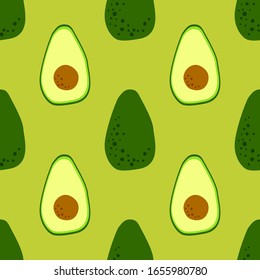 Food pattern with whole avocado and half fruit on green background. Seamless wallpaper. Healthy eating design. Vector illustration. 