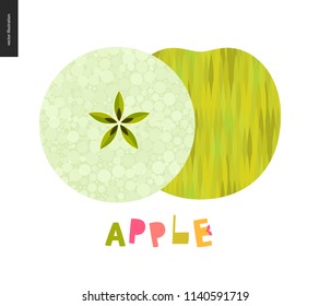 Patrones alimentarios, manzana - fruta, vectores ilustración plana de manzana verde mitad - pulpa blanca con semillas, corteza - simple verde de rayas desiguales. Grabado de Apple. Perfecto para camisetas, bolsos, decoración
