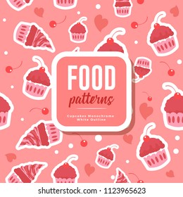 Food Patterns :  Cupcakes White Outline Monochrome