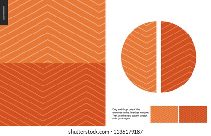 Food patterns, fish, flat vector illustration - salmon meat texture - dark and light salmon colored inside fish seamless texture and a seamless pattern of uneven salmon meat. Zig zag pattern