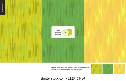 Food patterns, flat vector illustration -apple texture, small half of green apple image, three seamless patterns of the apple rind, light green, dark green and yellow. Uneven colored striped rind.