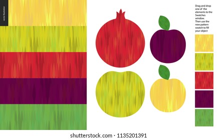 Food patterns, flat vector illustration - apple, pomegranate, plum texture - five seamless patterns of fruit yellow, light green, red, purple and dark green rind. Simple uneven colored striped texture