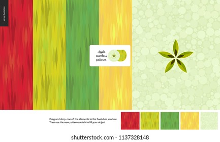 Food patterns, flat vector illustration - apple texture, small half of green apple image, five seamless patterns of apple red, light green, dark green and yellow rind, white greenish pulp with seeds