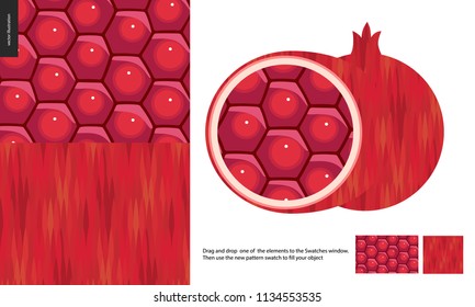 Food patterns, fruit, flat vector illustration - two vector seamless patterns of pomegranate pulp - hexagonal shining grains and seeds, and rind - red uneven colored striped simple geometrical texture