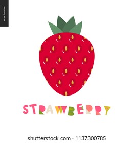 Food patterns - fruit, flat vector illustration, strawberry texture - small red strawberry with yellow seeds, red and green - berry postcard, and lettering, perfect for t-shirt, bag or other textile