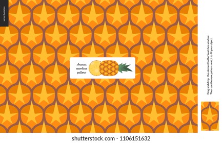 Food patterns - fruit, pineapple texture - a seamless pattern of pineapple rind peel full of yellow orange spines on the orange background, pineapple image in the center