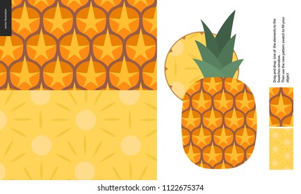 Food patterns - fruit, vector flat pineapple texture - two seamless patterns of brown pineapple rind full of orange spines and yellow juicy pulp, and flat simple entire pineapple with a round chunk